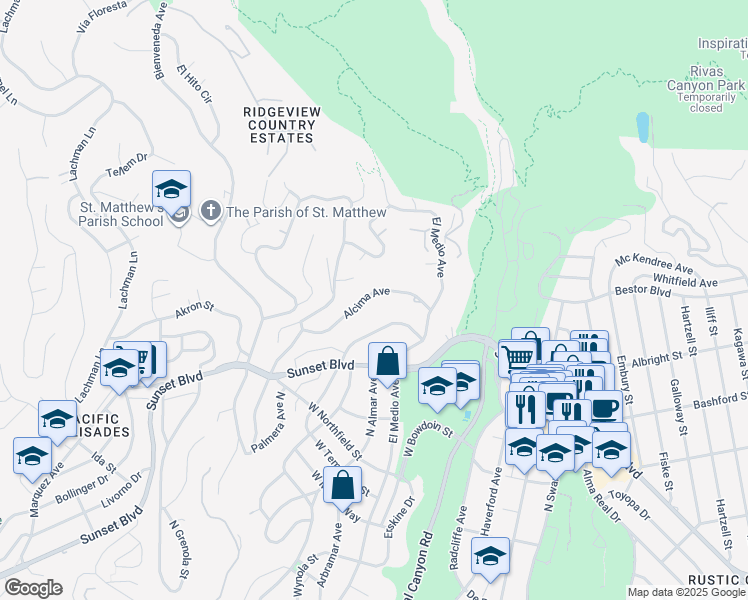 map of restaurants, bars, coffee shops, grocery stores, and more near 15965 Alcima Avenue in Los Angeles