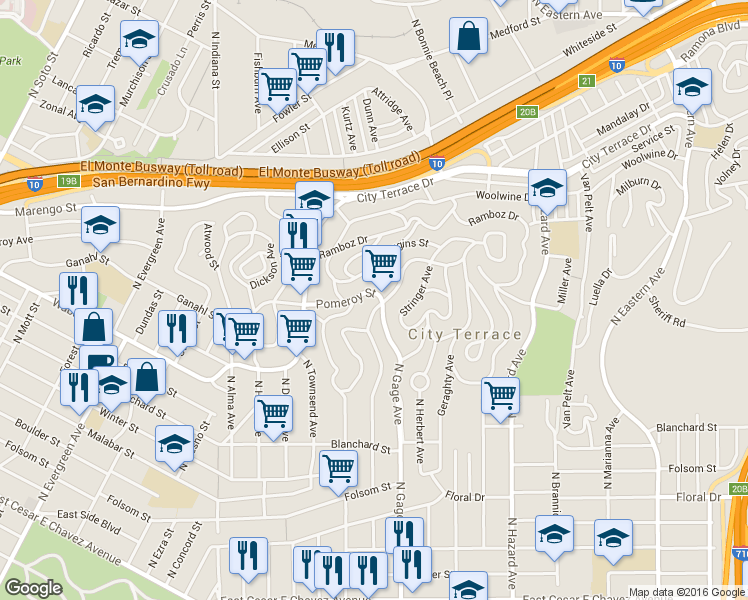 map of restaurants, bars, coffee shops, grocery stores, and more near 3642 Pomeroy Ave in Los Angeles