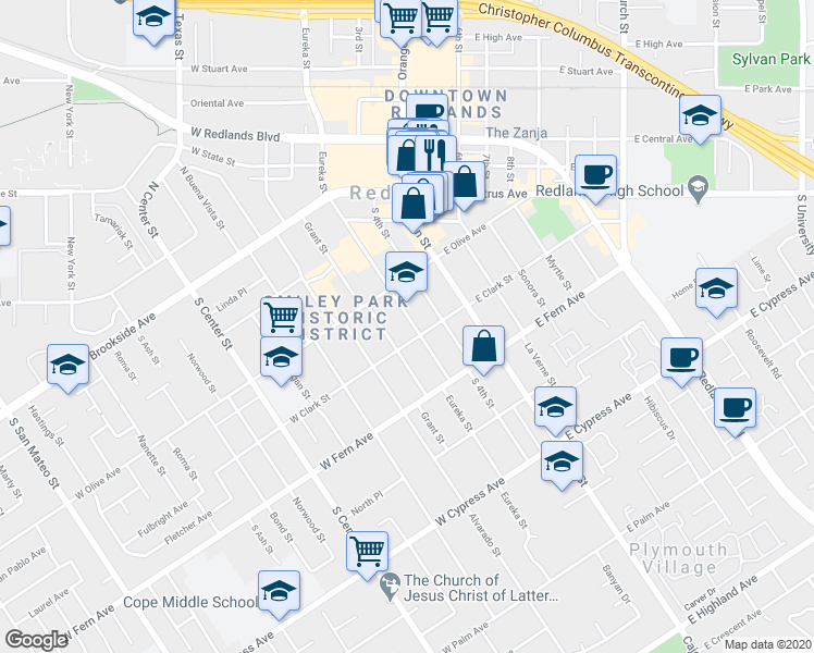 map of restaurants, bars, coffee shops, grocery stores, and more near 244 South Eureka Street in Redlands