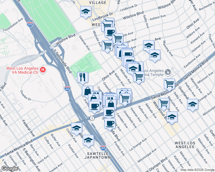 map of restaurants, bars, coffee shops, grocery stores, and more near 1527 Veteran Avenue in Los Angeles