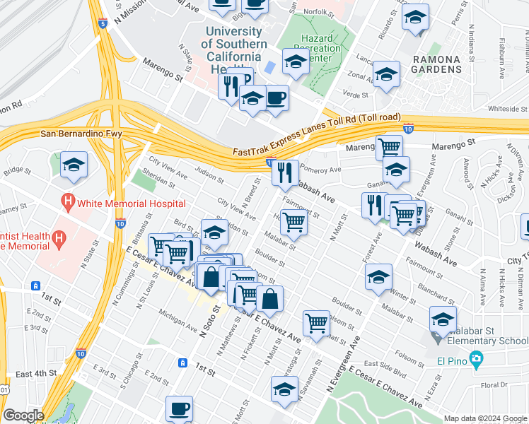 map of restaurants, bars, coffee shops, grocery stores, and more near 733 North Soto Street in Los Angeles