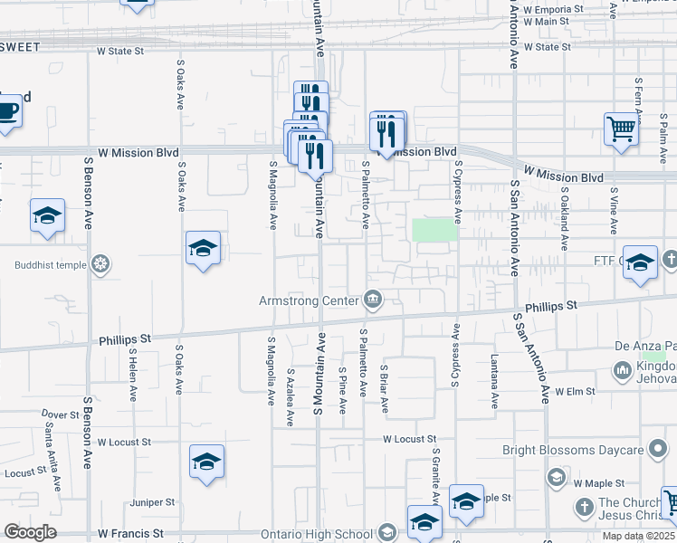 map of restaurants, bars, coffee shops, grocery stores, and more near 1033 West Sunsong Court in Ontario