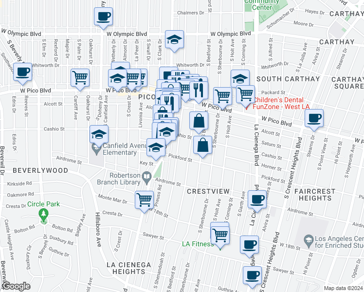 map of restaurants, bars, coffee shops, grocery stores, and more near 1522 South Wooster Street in Los Angeles