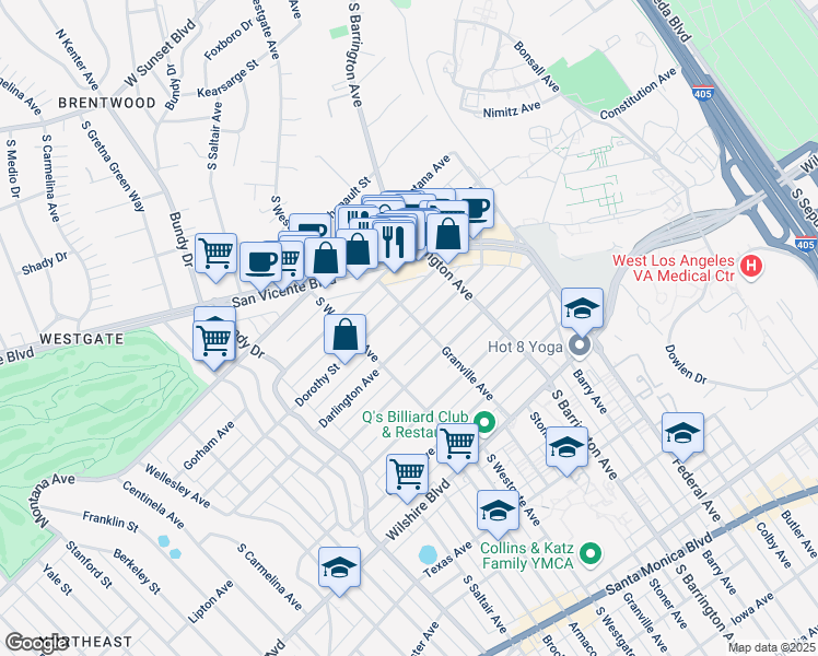 map of restaurants, bars, coffee shops, grocery stores, and more near 11811 Darlington Avenue in Los Angeles