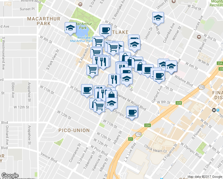 map of restaurants, bars, coffee shops, grocery stores, and more near 1617 West 9th Street in Los Angeles
