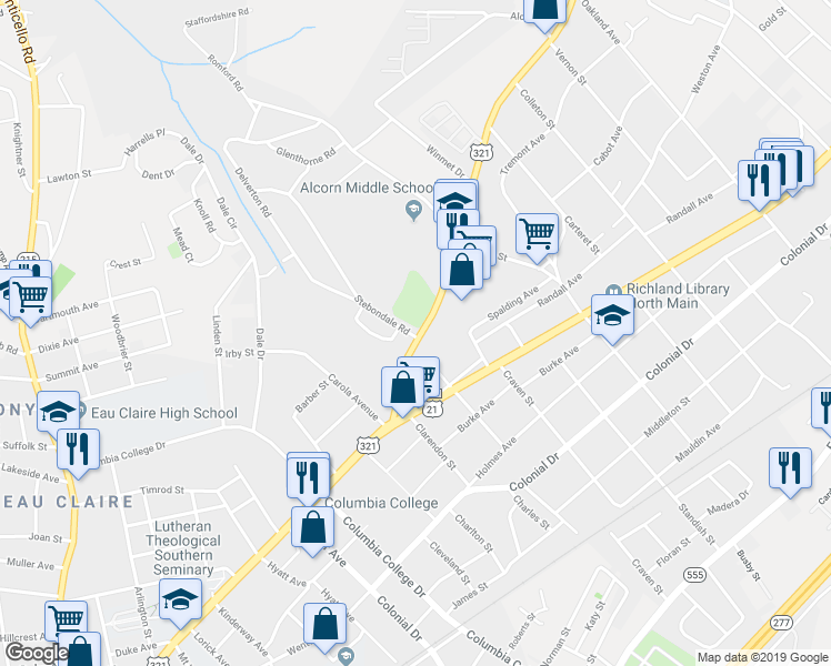 map of restaurants, bars, coffee shops, grocery stores, and more near 5013 Fairfield Road in Columbia