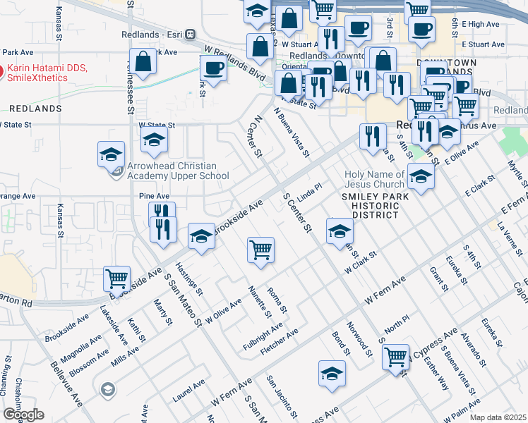 map of restaurants, bars, coffee shops, grocery stores, and more near 711 Brookside Avenue in Redlands