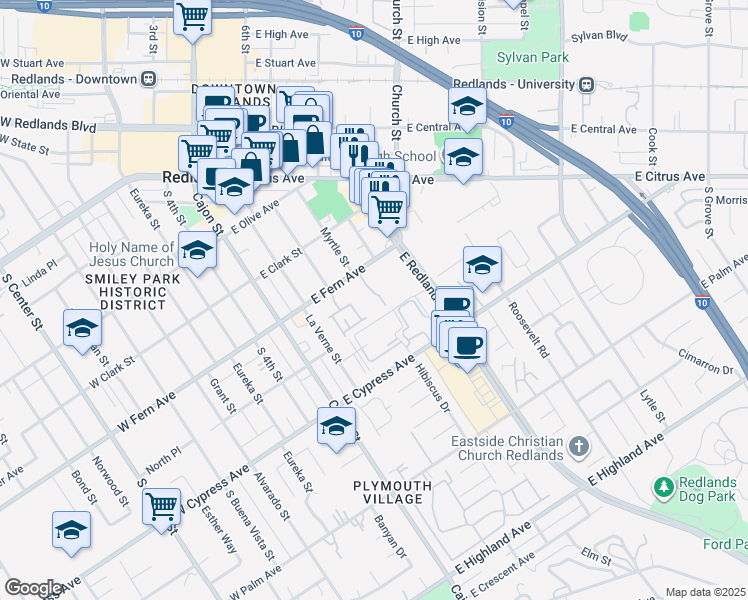 map of restaurants, bars, coffee shops, grocery stores, and more near 238 East Fern Avenue in Redlands