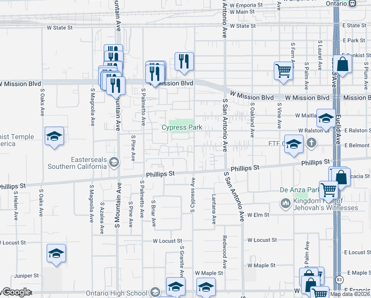 map of restaurants, bars, coffee shops, grocery stores, and more near 1210 South Cypress Avenue in Ontario