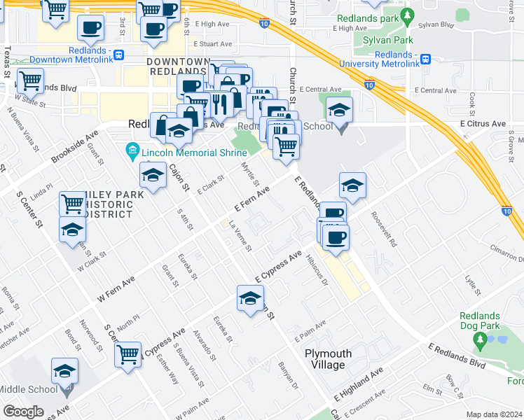 map of restaurants, bars, coffee shops, grocery stores, and more near 464 Sonora Circle in Redlands