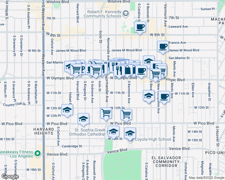 map of restaurants, bars, coffee shops, grocery stores, and more near 1055 South Mariposa Avenue in Los Angeles