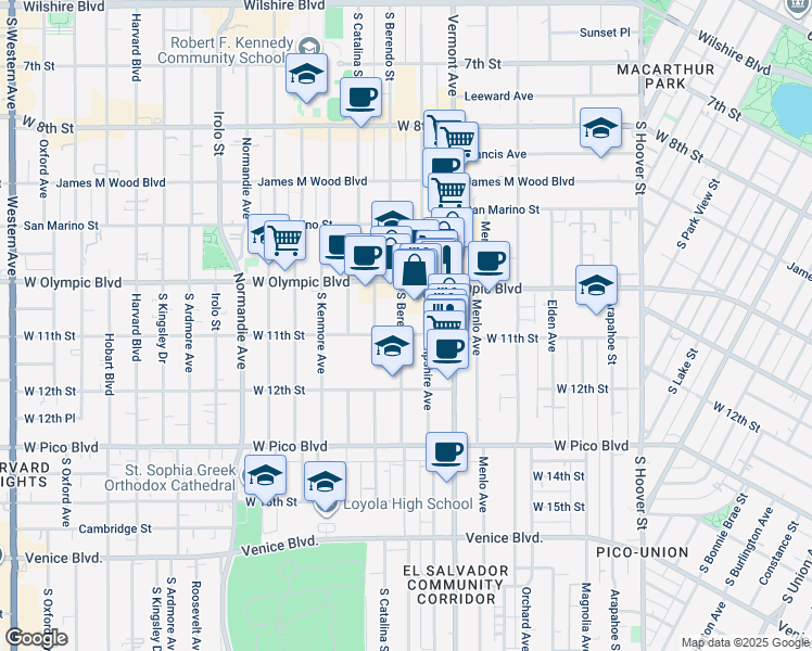 map of restaurants, bars, coffee shops, grocery stores, and more near 1050 South Berendo Street in Los Angeles
