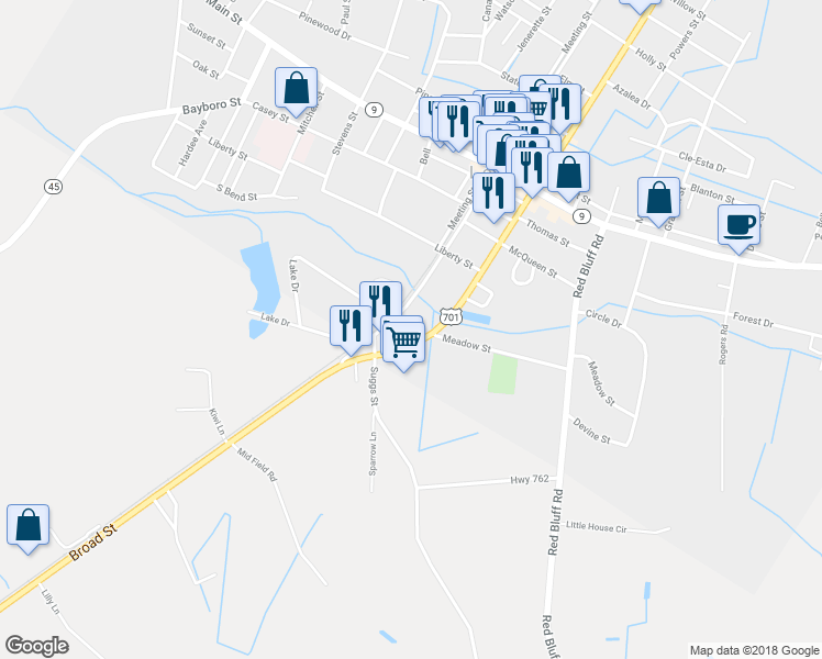 map of restaurants, bars, coffee shops, grocery stores, and more near 3085 Broad Street in Loris