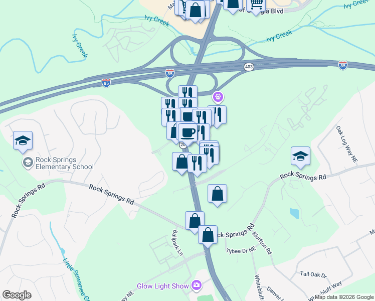 map of restaurants, bars, coffee shops, grocery stores, and more near 2911 Buford Drive Northeast in Buford