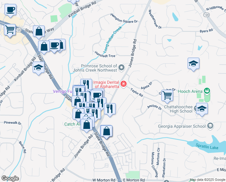 map of restaurants, bars, coffee shops, grocery stores, and more near 115 Yatley Ct in Alpharetta