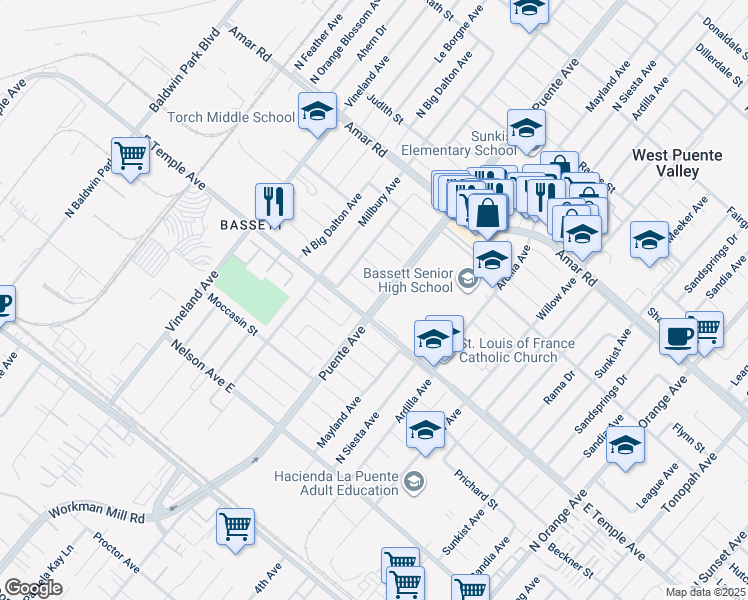 map of restaurants, bars, coffee shops, grocery stores, and more near 13645 Lassalette Street in La Puente