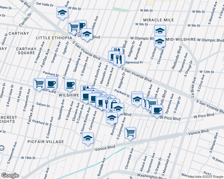 map of restaurants, bars, coffee shops, grocery stores, and more near Hauser Blvd & Packard St in Los Angeles