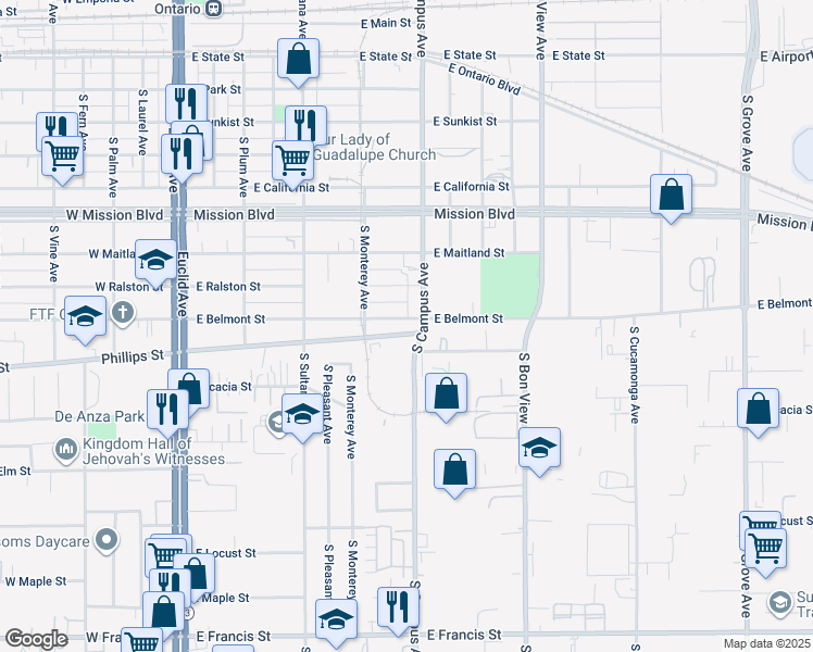 map of restaurants, bars, coffee shops, grocery stores, and more near 644 East Belmont Street in Ontario