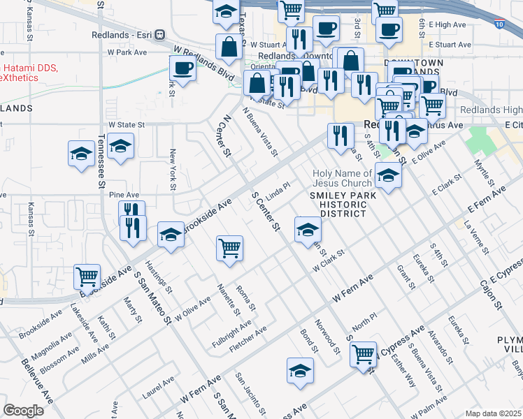 map of restaurants, bars, coffee shops, grocery stores, and more near 40 South Center Street in Redlands