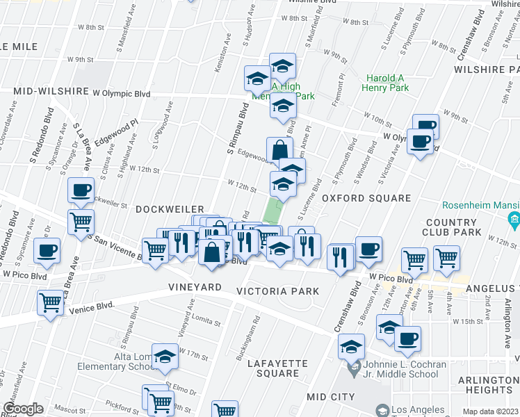 map of restaurants, bars, coffee shops, grocery stores, and more near 1221 West Boulevard in Los Angeles