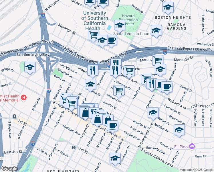 map of restaurants, bars, coffee shops, grocery stores, and more near 739 North Soto Street in Los Angeles