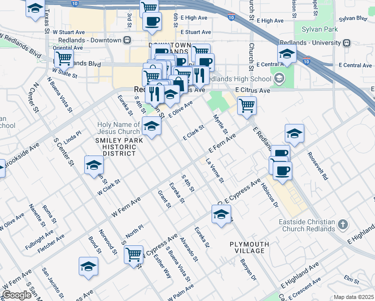 map of restaurants, bars, coffee shops, grocery stores, and more near 312 Cajon Street in Redlands