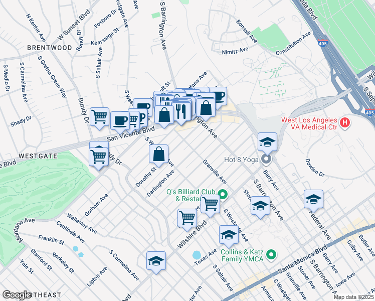 map of restaurants, bars, coffee shops, grocery stores, and more near 11811 Darlington Avenue in Los Angeles