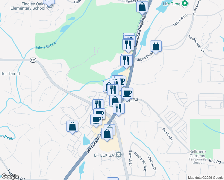 map of restaurants, bars, coffee shops, grocery stores, and more near 852 Old Plank Square in Johns Creek