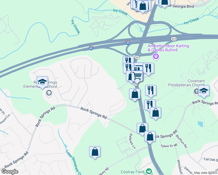 map of restaurants, bars, coffee shops, grocery stores, and more near 2910 Buford Drive in Lawrenceville