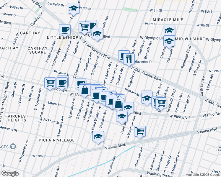 map of restaurants, bars, coffee shops, grocery stores, and more near 5540 Packard Street in Los Angeles