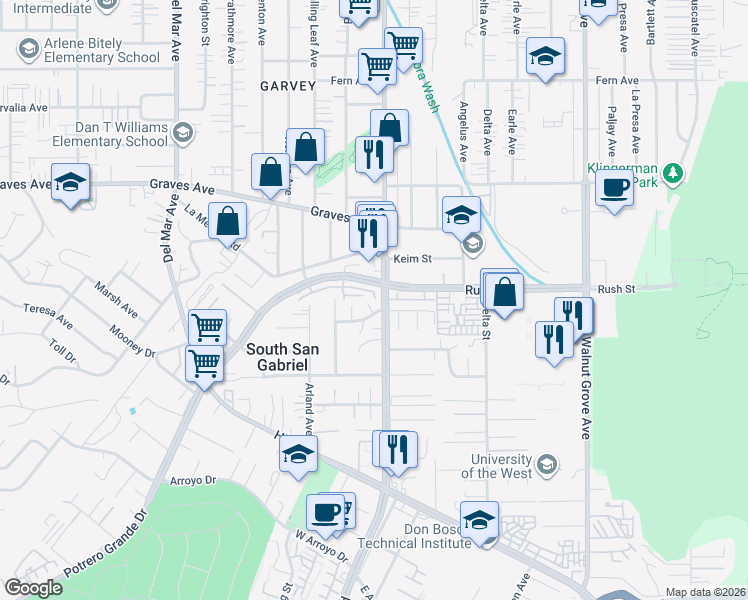 map of restaurants, bars, coffee shops, grocery stores, and more near 8150 Loren Lane in Rosemead
