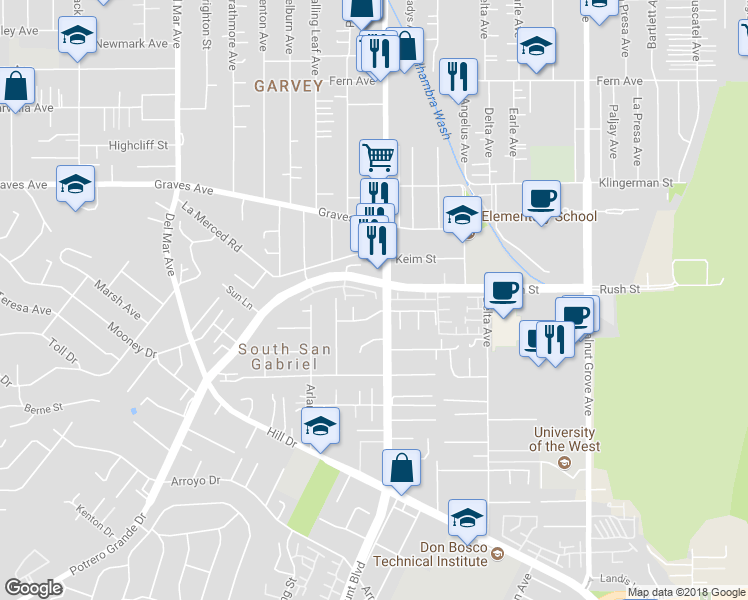 map of restaurants, bars, coffee shops, grocery stores, and more near 8150 Loren Lane in Rosemead