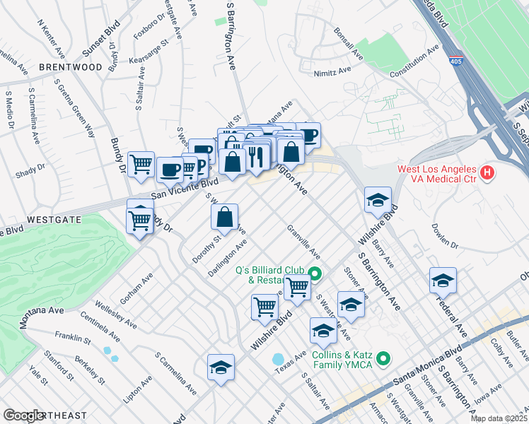 map of restaurants, bars, coffee shops, grocery stores, and more near 11811 Darlington Avenue in Los Angeles