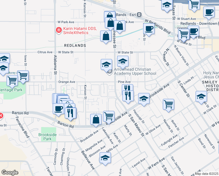 map of restaurants, bars, coffee shops, grocery stores, and more near 93 Tennessee Street in Redlands