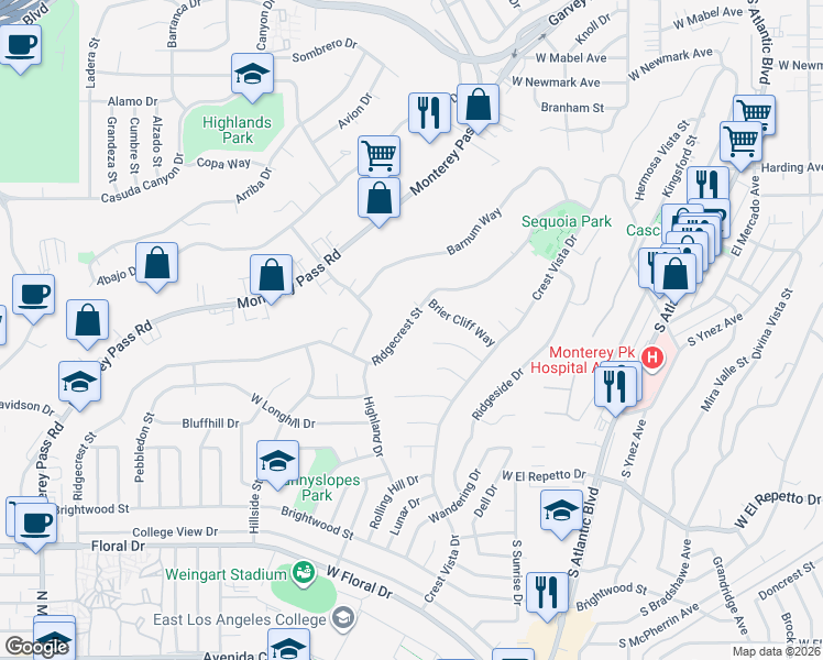 map of restaurants, bars, coffee shops, grocery stores, and more near 876 Ridgecrest Street in Monterey Park