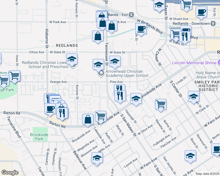 map of restaurants, bars, coffee shops, grocery stores, and more near 94 North San Mateo Street in Redlands