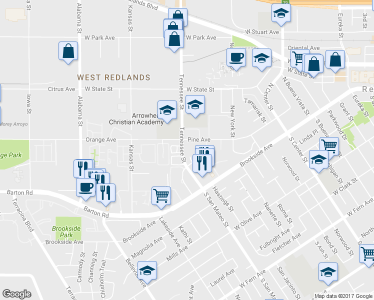 map of restaurants, bars, coffee shops, grocery stores, and more near 94 North San Mateo Street in Redlands