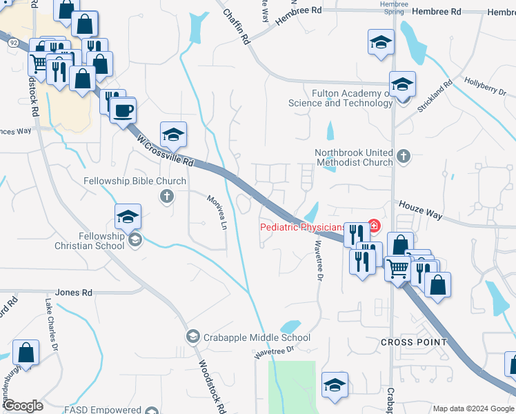 map of restaurants, bars, coffee shops, grocery stores, and more near 5000 Foxberry Lane in Roswell
