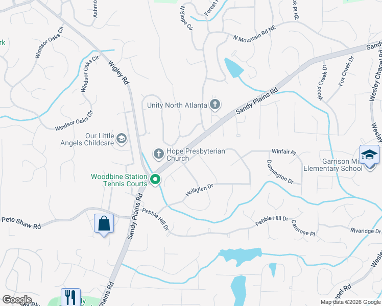 map of restaurants, bars, coffee shops, grocery stores, and more near 3411 Brookhill Circle in Marietta