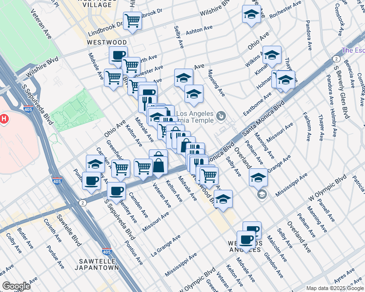 map of restaurants, bars, coffee shops, grocery stores, and more near 1727 Glendon Avenue in Los Angeles