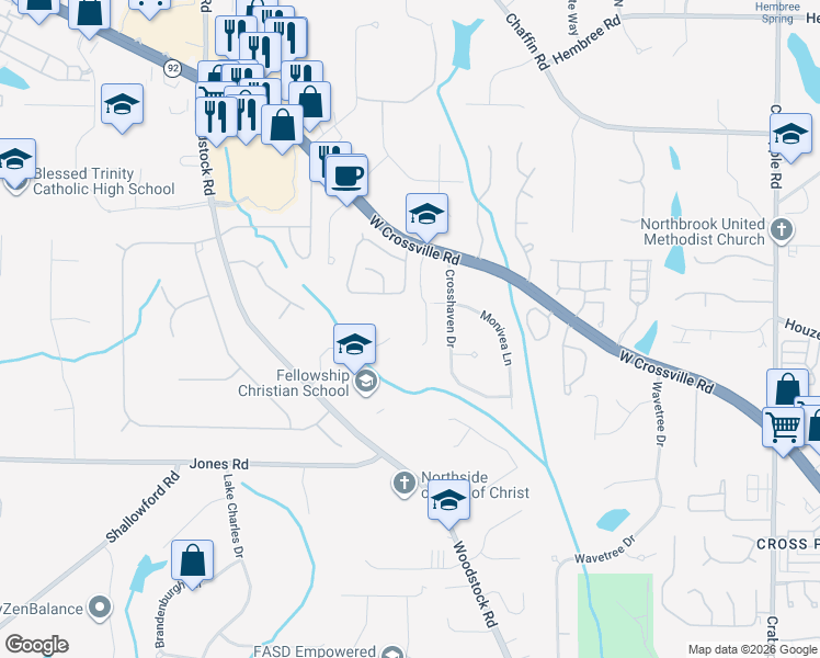 map of restaurants, bars, coffee shops, grocery stores, and more near 480 West Crossville Road in Roswell