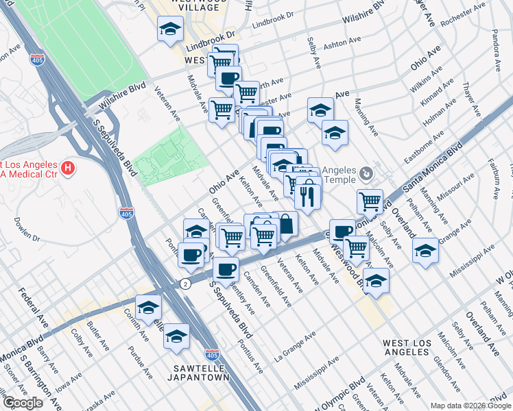 map of restaurants, bars, coffee shops, grocery stores, and more near 1565 Kelton Avenue in Los Angeles
