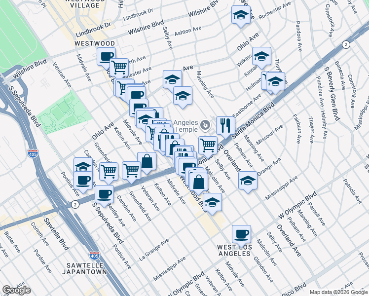 map of restaurants, bars, coffee shops, grocery stores, and more near Malcolm Avenue in Los Angeles