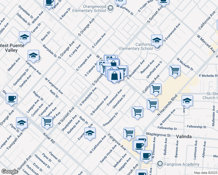 map of restaurants, bars, coffee shops, grocery stores, and more near 1227 West Windsor Street in West Covina