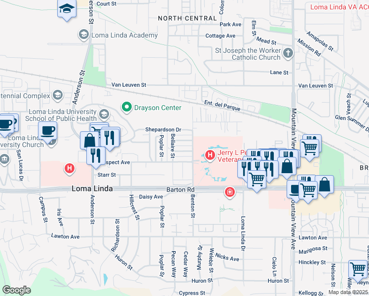 map of restaurants, bars, coffee shops, grocery stores, and more near 25258 Taylor Street in Loma Linda