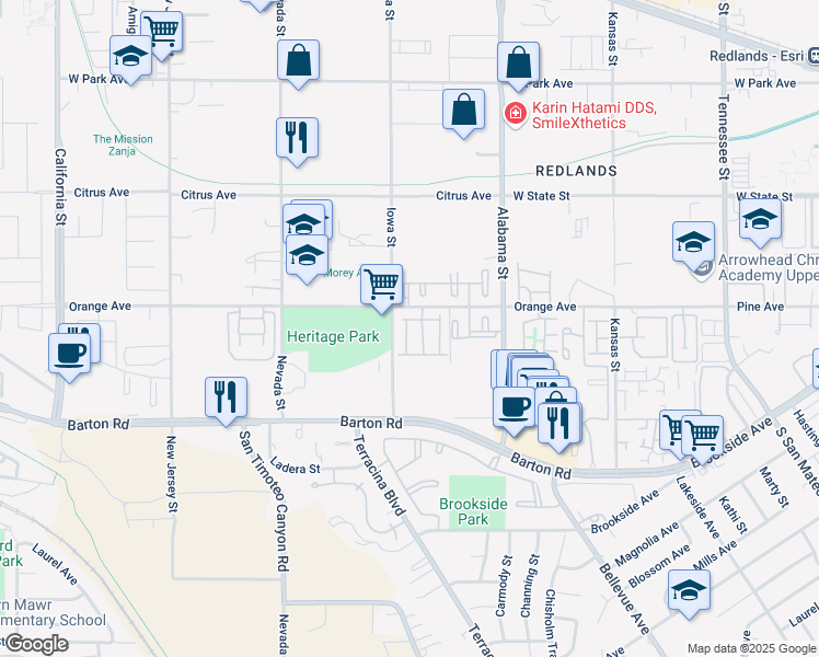 map of restaurants, bars, coffee shops, grocery stores, and more near 80 Crocus Street in Redlands