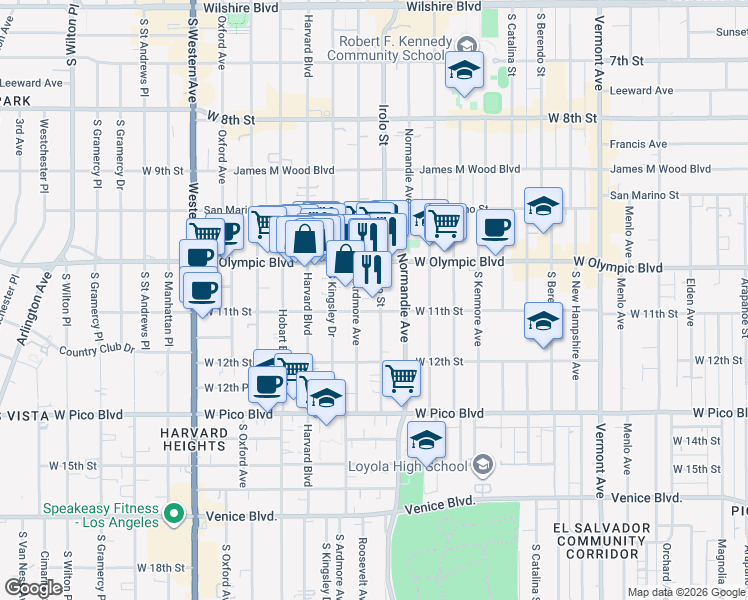 map of restaurants, bars, coffee shops, grocery stores, and more near 1038 South Ardmore Avenue in Los Angeles
