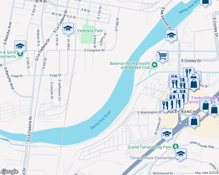 map of restaurants, bars, coffee shops, grocery stores, and more near 989 South Fernando Street in Colton