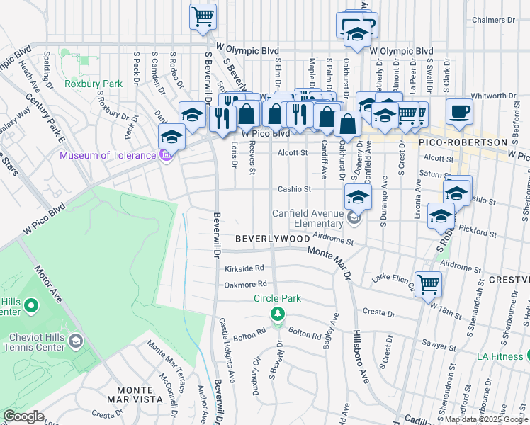 map of restaurants, bars, coffee shops, grocery stores, and more near 1545 South Beverly Drive in Los Angeles