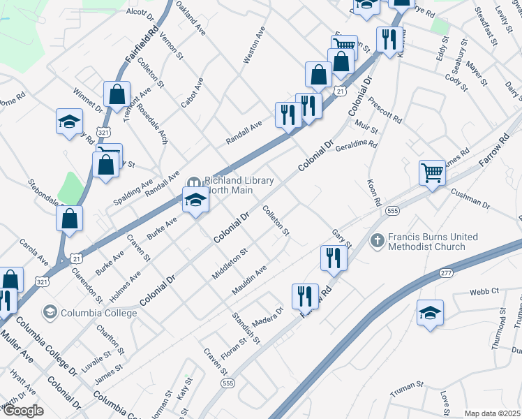 map of restaurants, bars, coffee shops, grocery stores, and more near 5420 Colonial Drive in Columbia